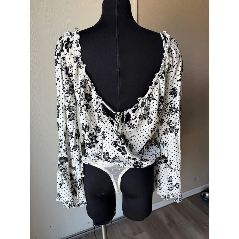 Intimately Free People Floral Polka Dot Bell Sleeve Bodysuit Black White Large